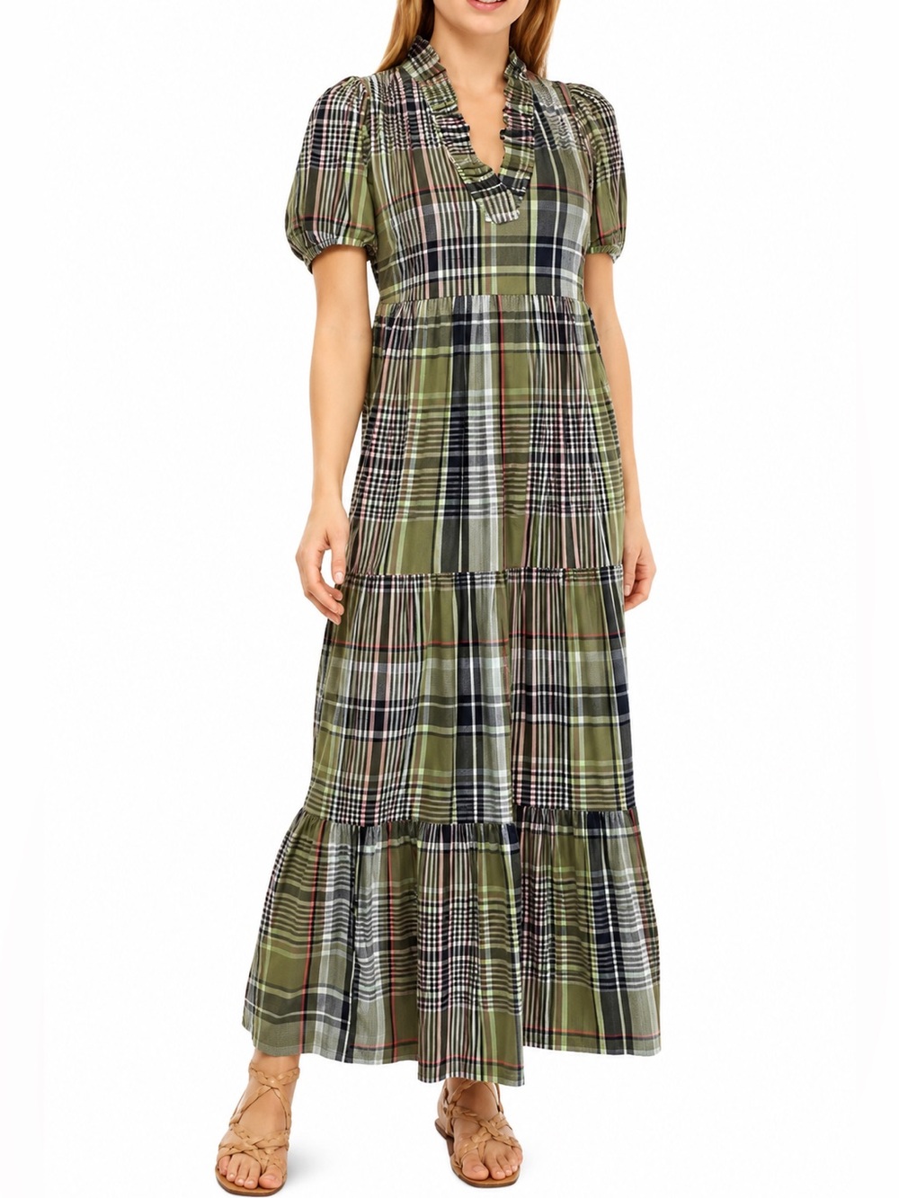 Crown & Ivy Plaid Tiered Maxi Dress Large Petite Ruffle Prairie Boho Cottagecore
